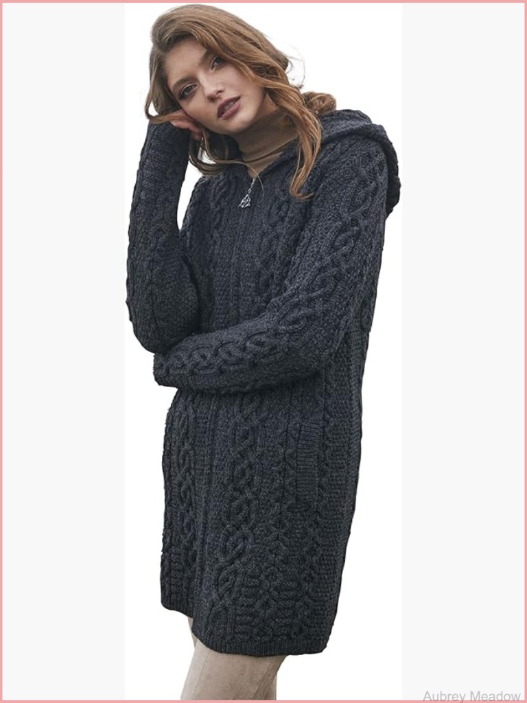 100% Merino Wool Aran Irish Cardigan With Hood And Pockets